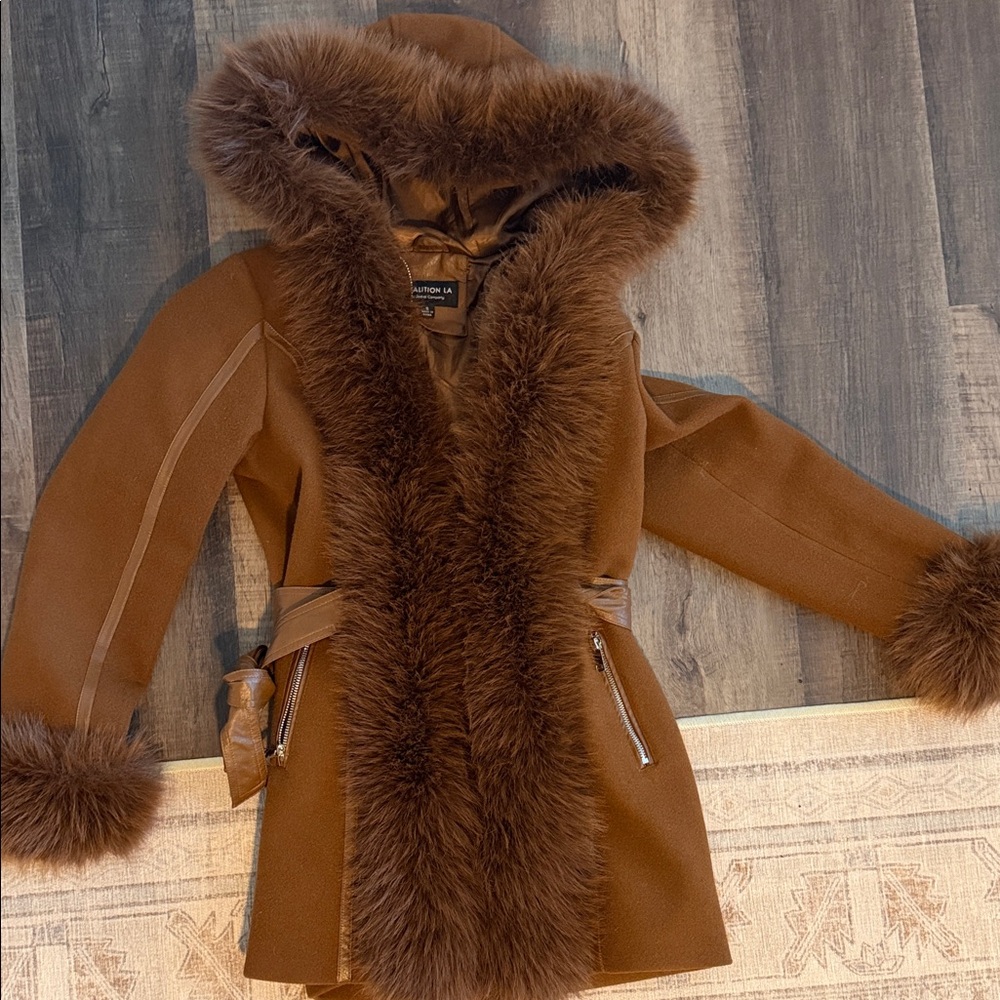 Lux Fur-Trim Hooded Trench Coat - Brown